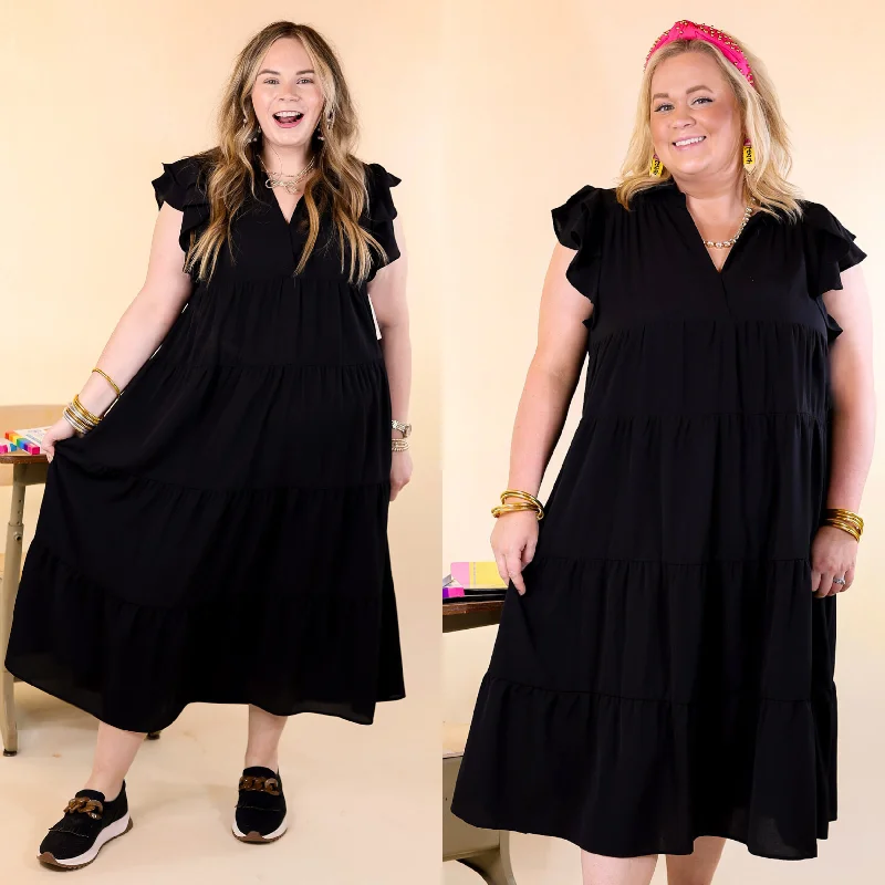 All Of A Sudden Tiered Midi Dress with Ruffle Cap Sleeves in Black