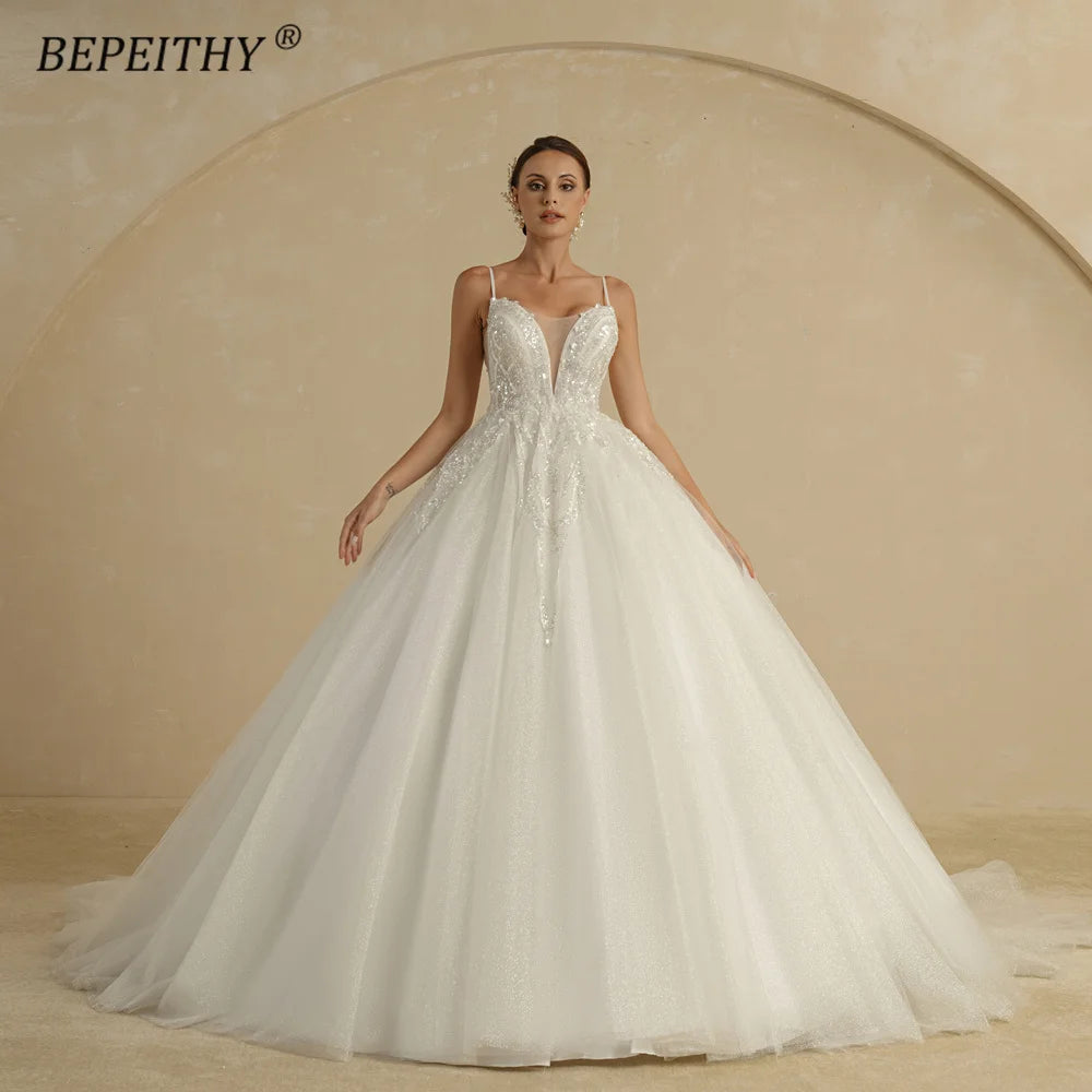 Ivory Wedding Dresses For Women Spaghetti Straps V Neck Court Train