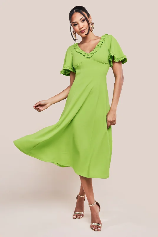 Goddiva Flare Sleeve Frill Edge Midi Dress - Lime Green