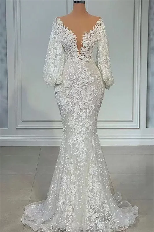 Mermaid V-neck Lace Floor-length Long Sleeve Applique Beaded Wedding Dress