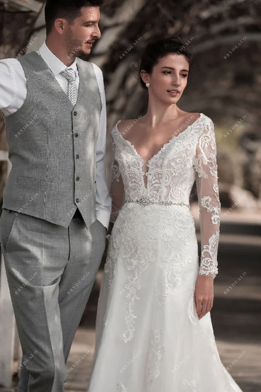 Sheer Sleeved Lace Plunging Neck Charming Fit and Flare Bridal Dress