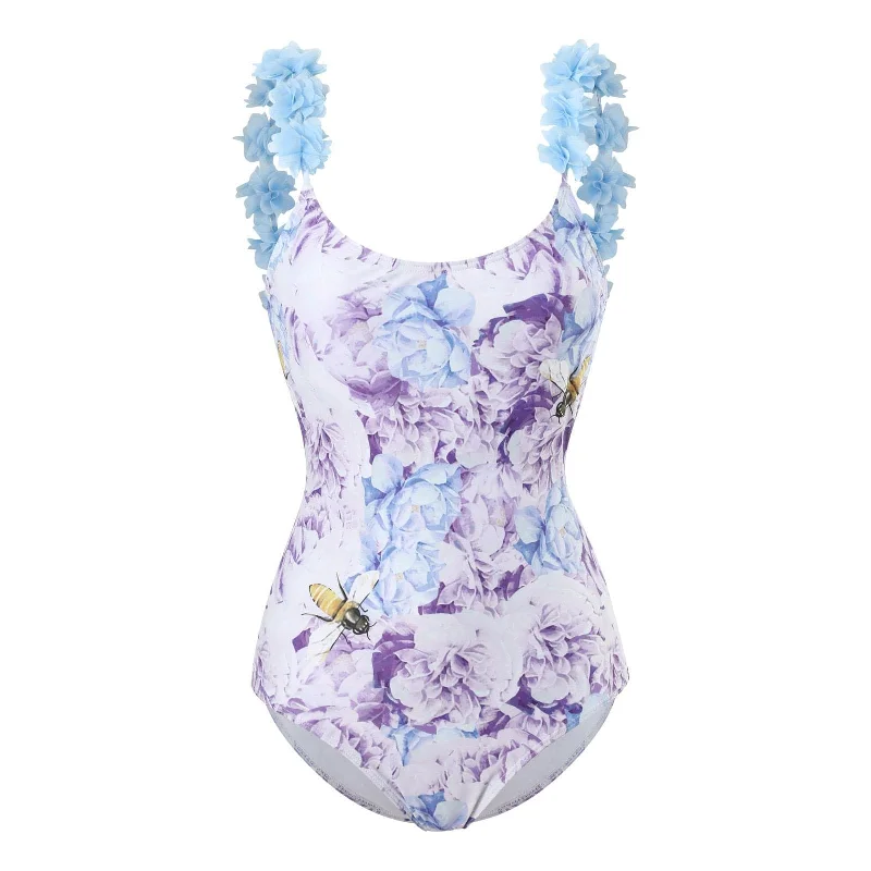 Flower pattern contrast u neck padded backless one piece swimwear