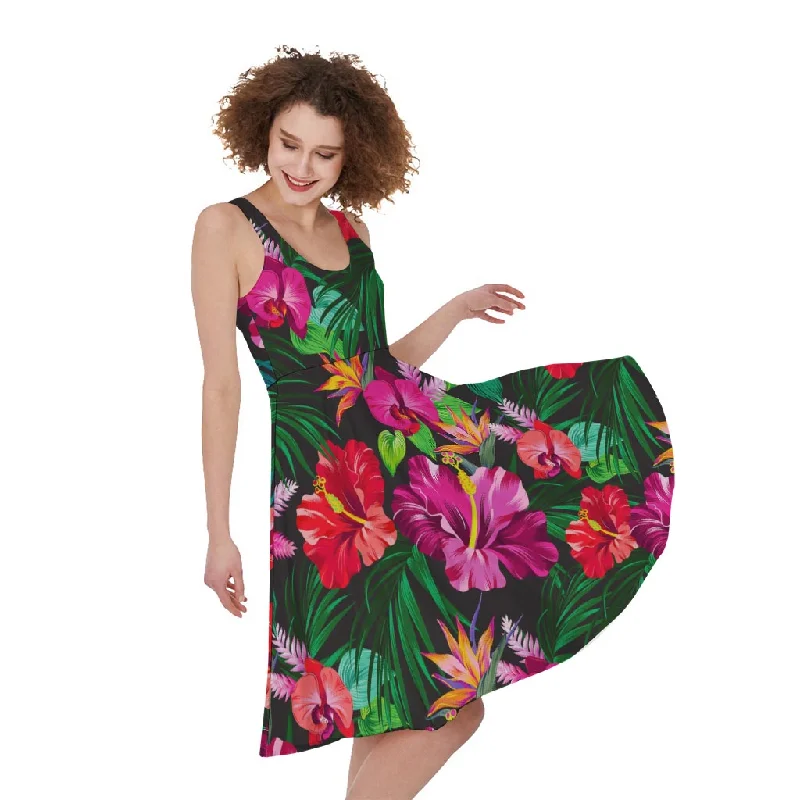 Hawaiian Floral Flowers Pattern Print Sleeveless Knee Length Dress