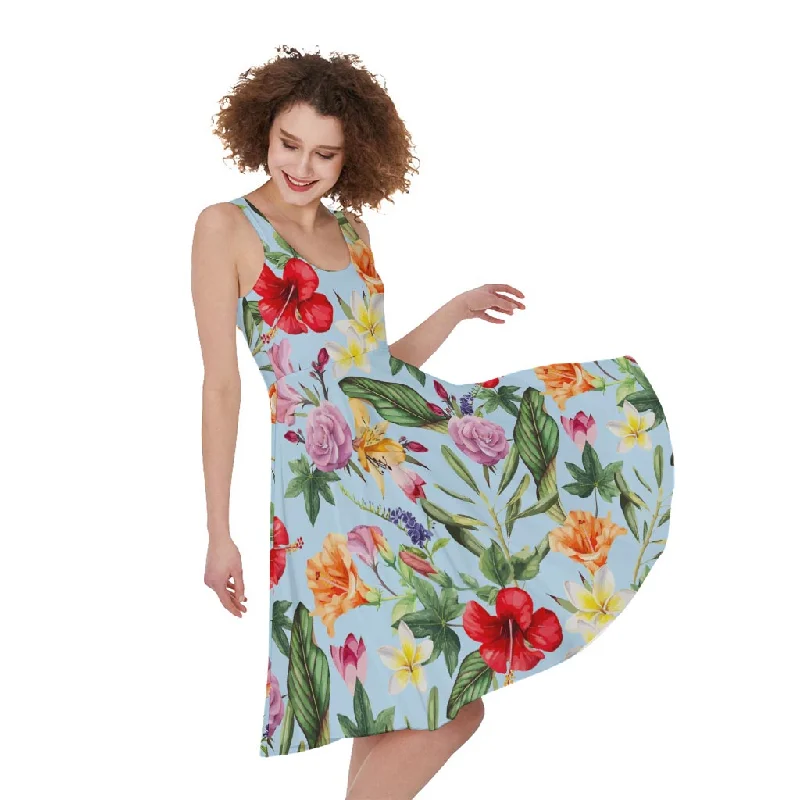 Hibiscus Flower Floral Pattern Print Sleeveless Knee Length Dress