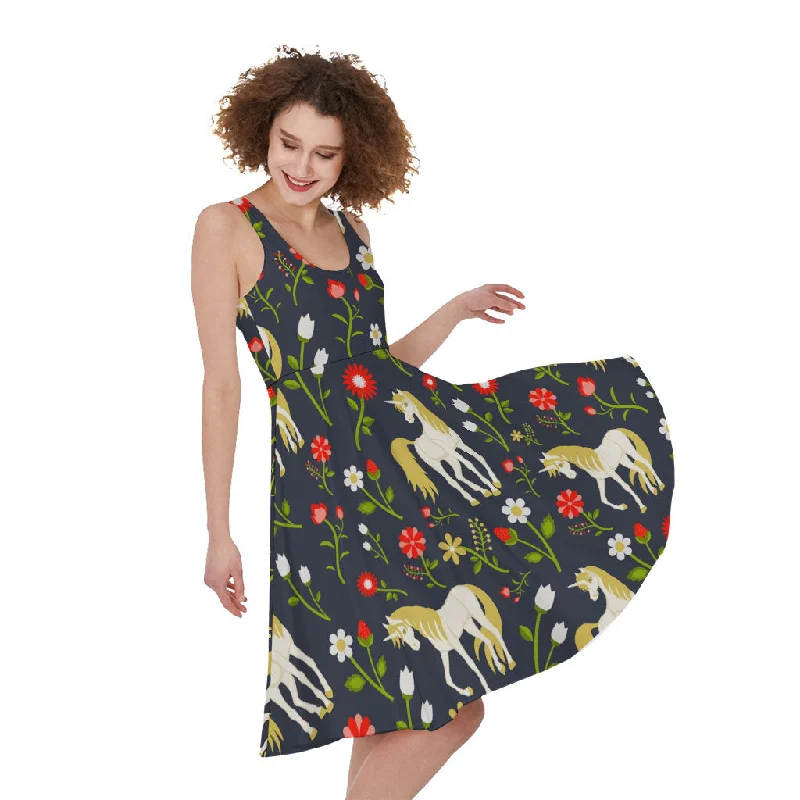 Magic Floral Unicorn Pattern Print Sleeveless Knee Length Dress