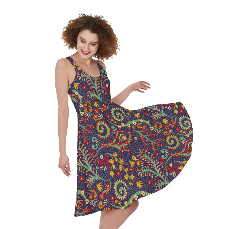 Mandala Floral Bohemian Pattern Print Sleeveless Knee Length Dress