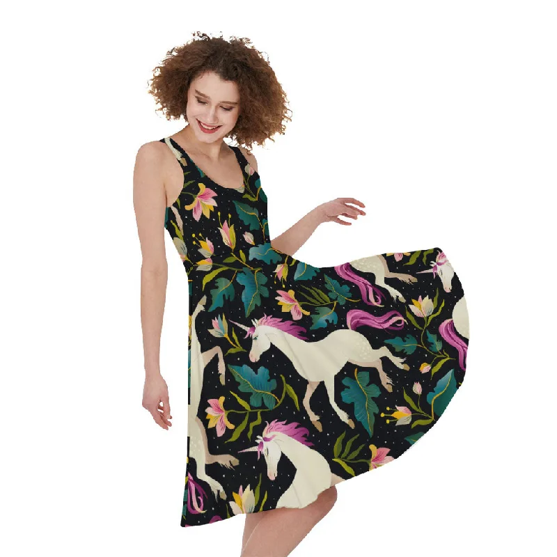 Night Floral Unicorn Pattern Print Sleeveless Knee Length Dress