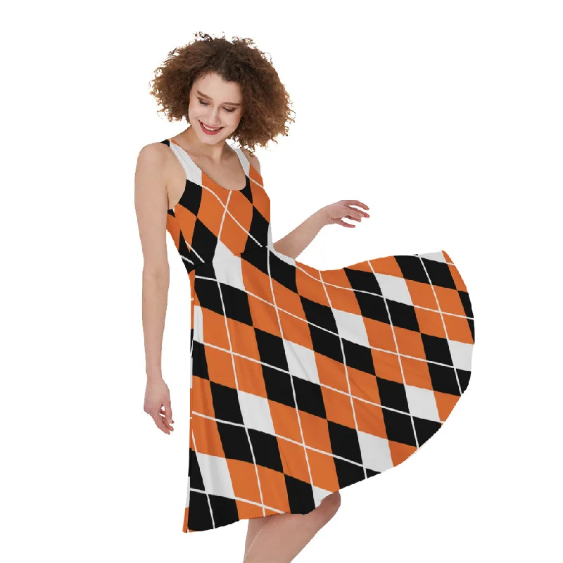 Orange White And Black Argyle Print Sleeveless Knee Length Dress