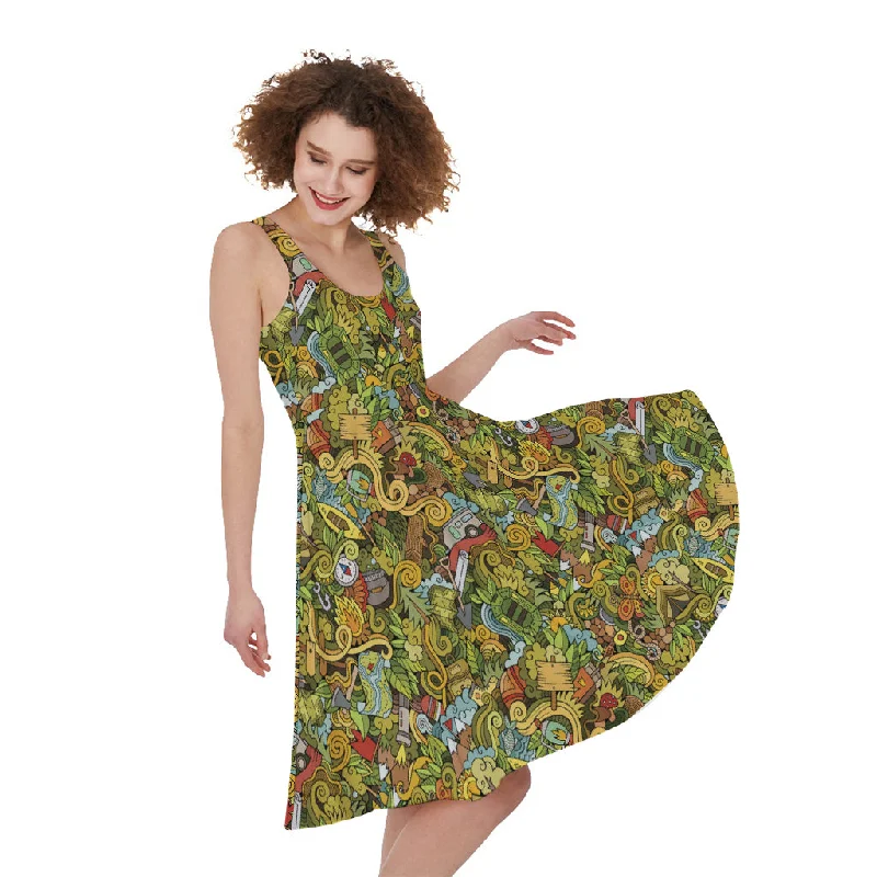 Outdoor Camping Pattern Print Sleeveless Knee Length Dress