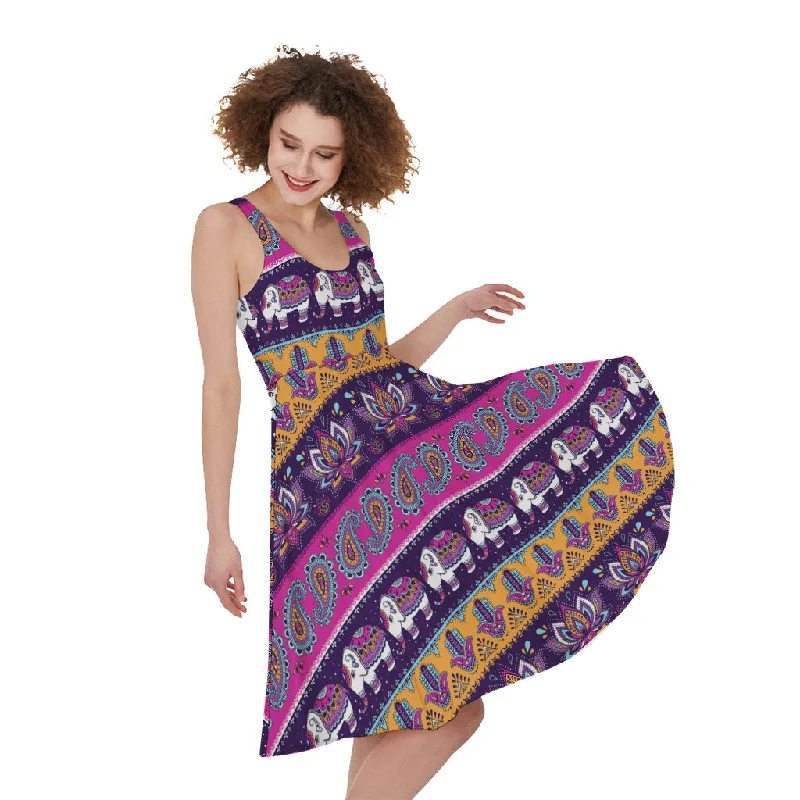 Paisley Elephant Hamsa Pattern Print Sleeveless Knee Length Dress