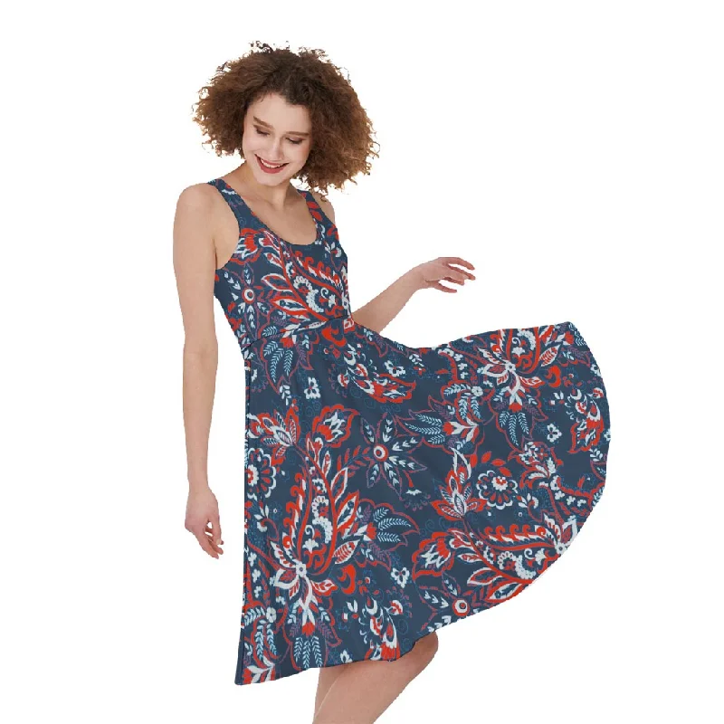 Paisley Floral Bohemian Pattern Print Sleeveless Knee Length Dress