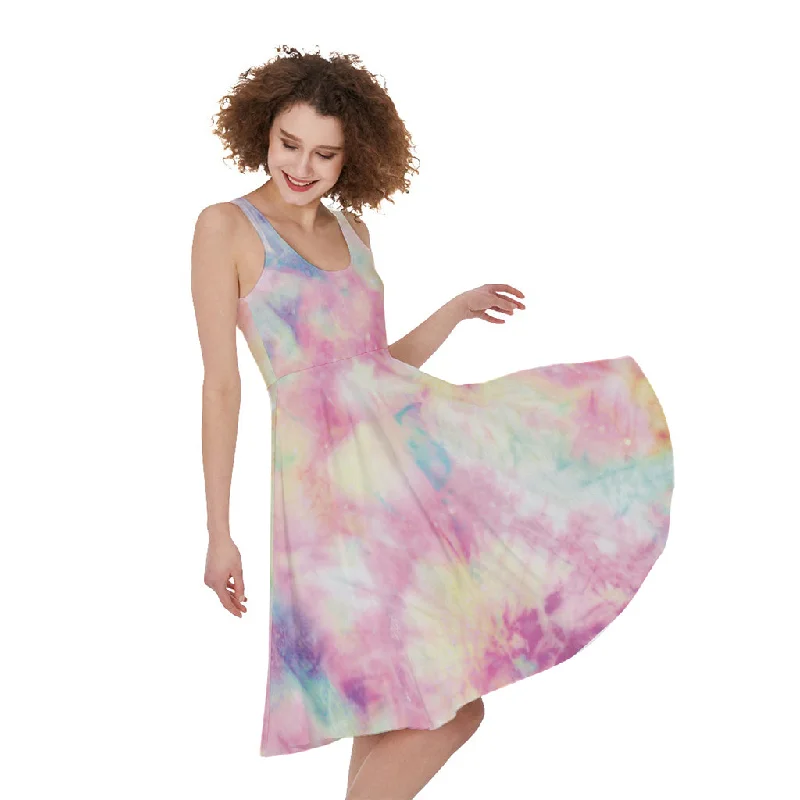 Pastel Tie Dye Print Sleeveless Knee Length Dress