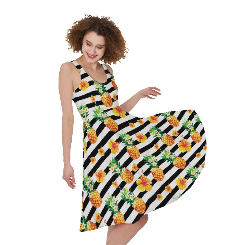 Pineapple And Hibiscus Striped Print Sleeveless Knee Length Dress