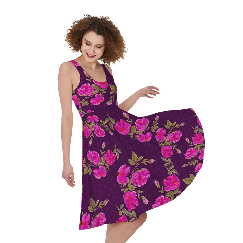 Purple Floral Flower Pattern Print Sleeveless Knee Length Dress