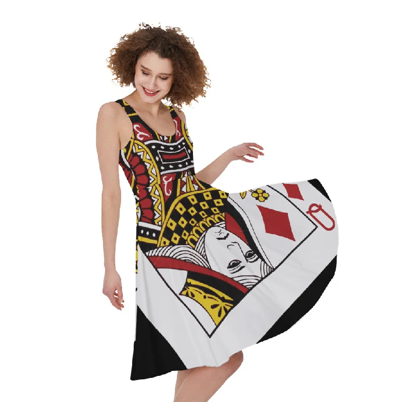 Queen Of Diamonds Playing Card Print Sleeveless Knee Length Dress