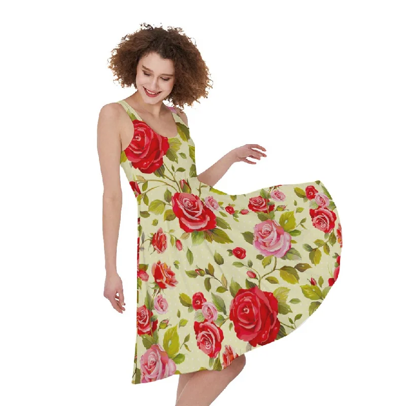 Red Pink Rose Floral Pattern Print Sleeveless Knee Length Dress