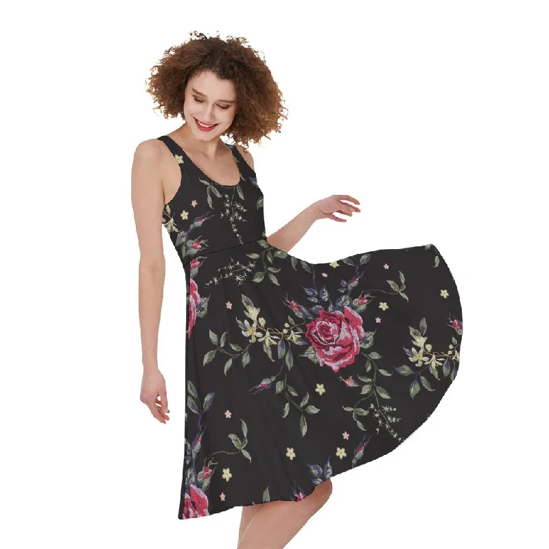 Red Rose Floral Pattern Print Sleeveless Knee Length Dress