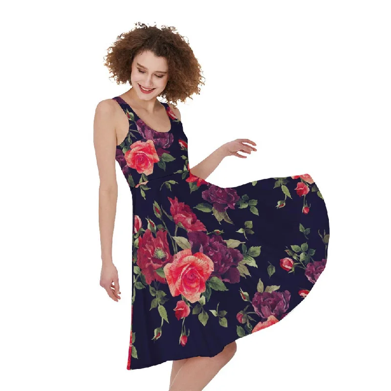 Red Violet Roses Floral Pattern Print Sleeveless Knee Length Dress