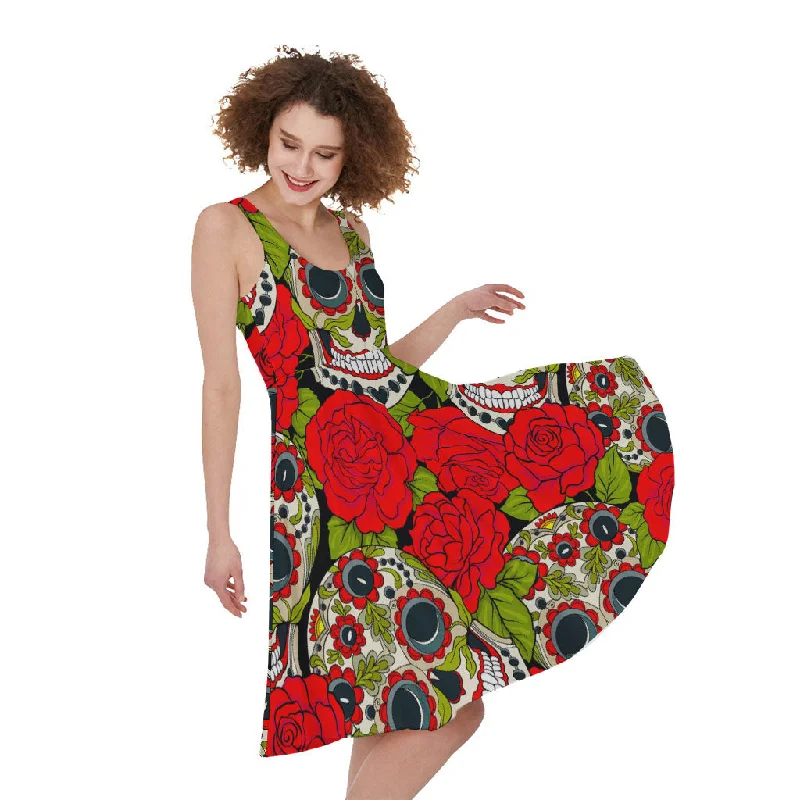 Rose Floral Sugar Skull Pattern Print Sleeveless Knee Length Dress