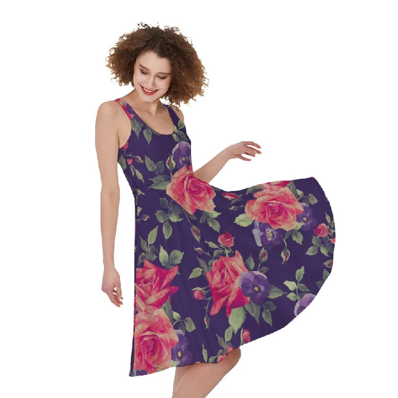 Rose Pansy Floral Flower Pattern Print Sleeveless Knee Length Dress