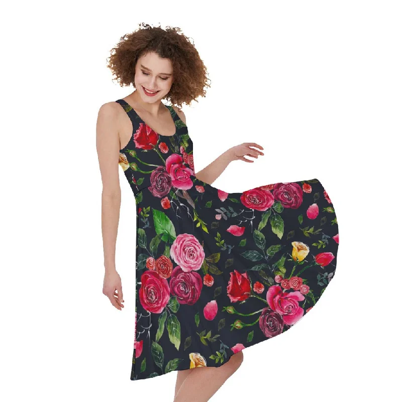 Roses Floral Flower Pattern Print Sleeveless Knee Length Dress