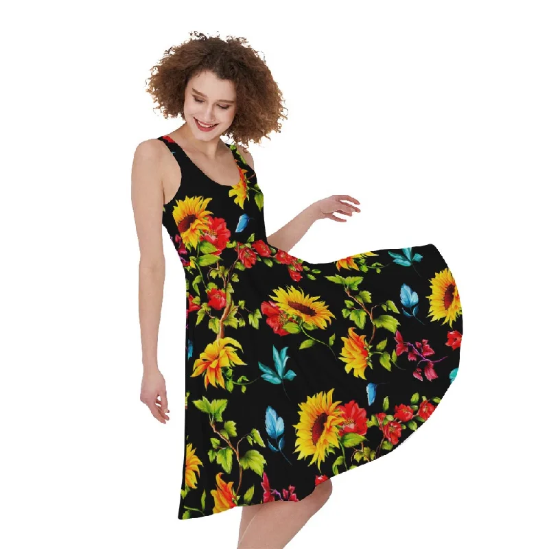 Sunflower Floral Pattern Print Sleeveless Knee Length Dress