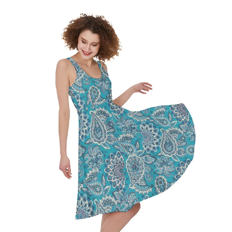 Turquoise Floral Bohemian Pattern Print Sleeveless Knee Length Dress