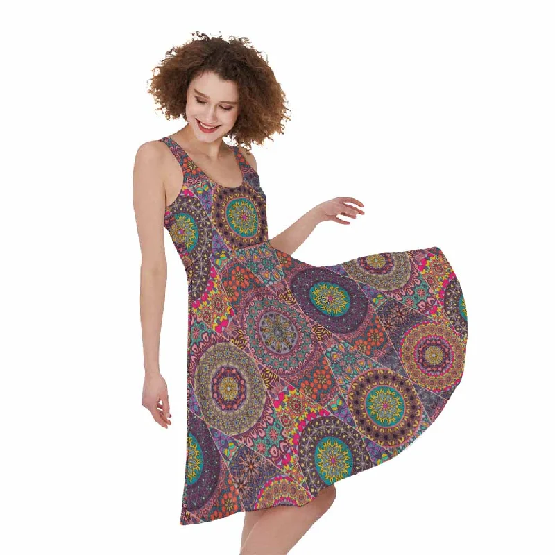 Vintage Bohemian Floral Mandala Print Sleeveless Knee Length Dress