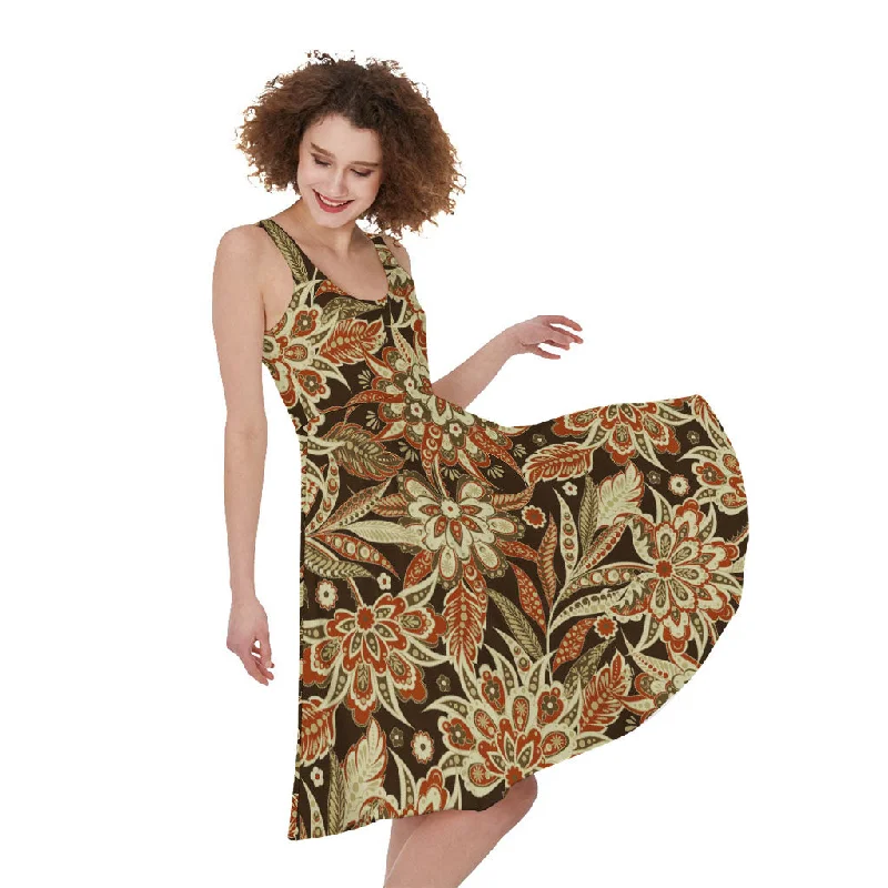 Vintage Brown Bohemian Floral Print Sleeveless Knee Length Dress