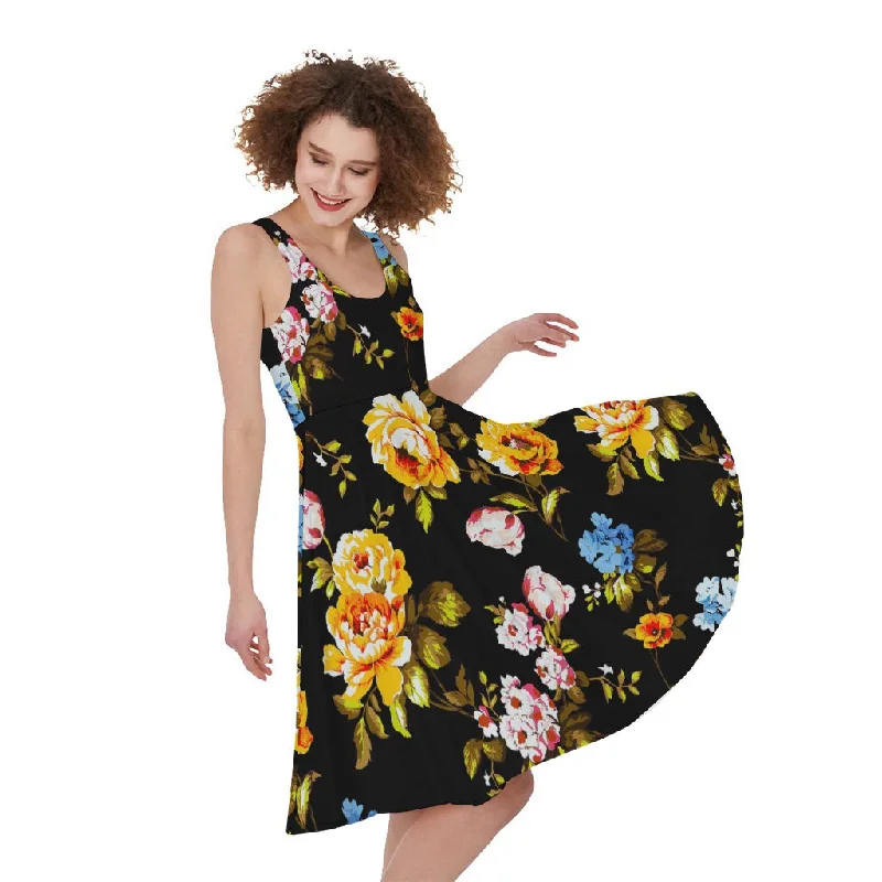 Vintage Floral Flower Pattern Print Sleeveless Knee Length Dress