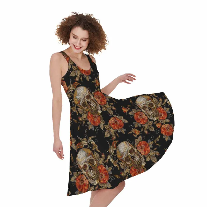 Vintage Floral Skull Pattern Print Sleeveless Knee Length Dress