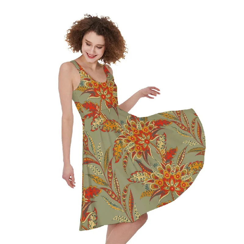 Vintage Orange Bohemian Floral Print Sleeveless Knee Length Dress