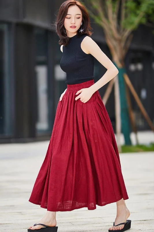 Casual Linen maxi Skirt with pleated Pockets  2176