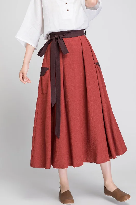 high waisted maxi linen skirt with self tie belt 1888#