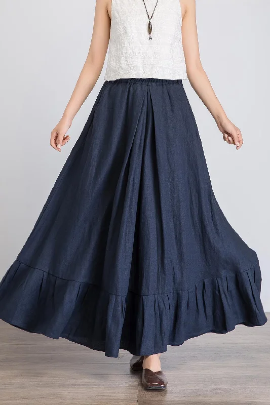 navy ruffle skirt, maxi linen skirt, party skirt, swing skirt, womens skirt 1923#