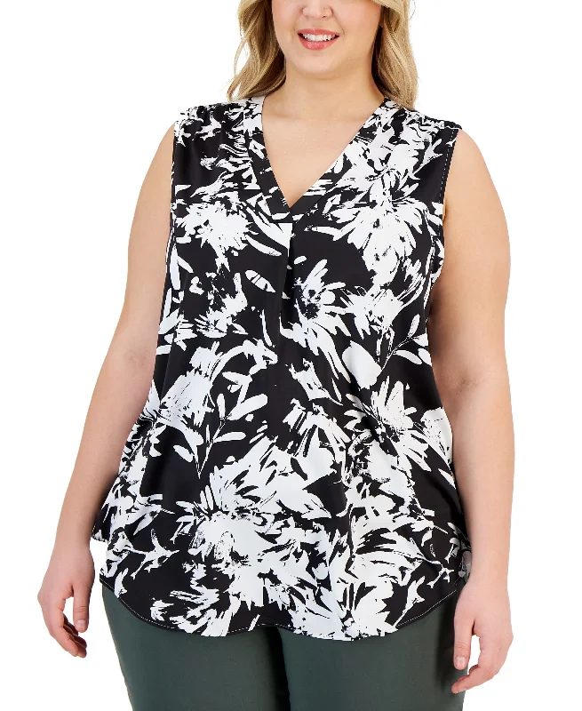 Plus Size Printed V-Neck Sleeveless Satin Top